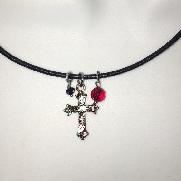Cross charm necklace on black leather rope chain - Picture 1 of 3